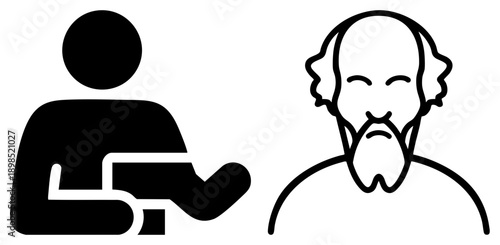 Minimalist graphic of wheelchair user and Shakespeare bust, symbolic representation, accessibility, literary figure, flat design illustration.