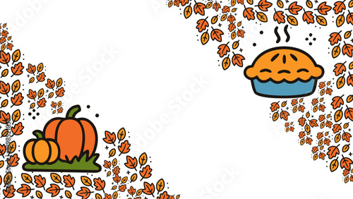 Pumpkins, pie, and leaves in autumn colors make a festive fall scene. Perfect for autumnthemed designs and seasonal decorations.