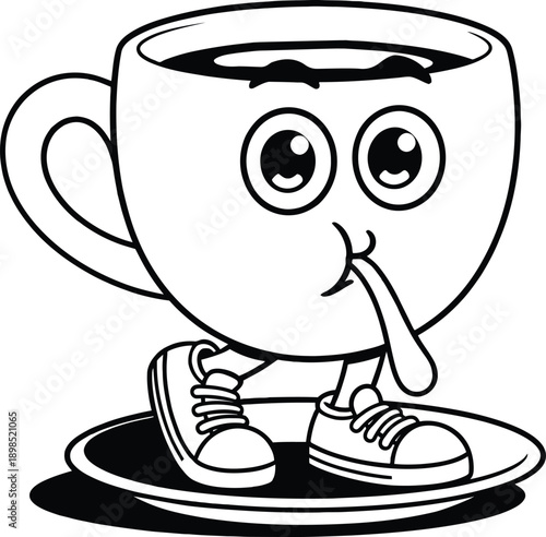 Retro vintage rubber hose style cartoon coffee cup character walking with legs and wearing sneakers on a saucer, isolated black and white vector line art.