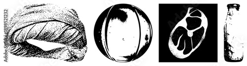 Black and white halftone graphic of food and objects loaf bread, inflatable ball, meat cut, vintage bottle. Retro print style, isolated elements.