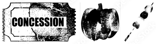 Retro concession ticket with "CONCESSION" text, distressed pumpkin, halftone fruit skewer, vector graphic, isolated elements, stylized food.