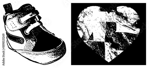 Infant shoe with velcro strap, halftone texture, broken heart, graphic design, black and white vector, isolated elements, emotional symbol.