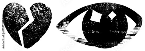 Two symbolic a shattered heart and an eye with diamond pupils rendered in gritty black and white, conveying emotion and vigilance, ideal for graphic design or protest art.