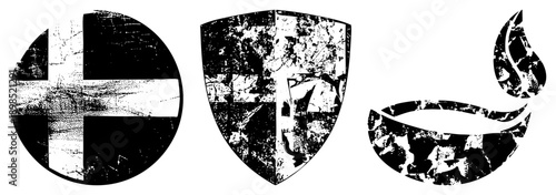 Grunge style emblems including, shield, and oil lamp, vector with weathered texture, medieval symbolism, graphic design elements.