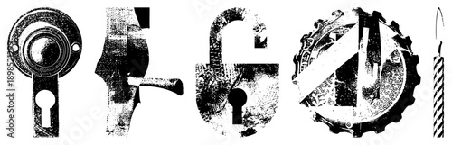 Antique padlock, doorknob, gear wheel, candle vector set, distressed halftone style, industrial design elements, isolated foreground objects.