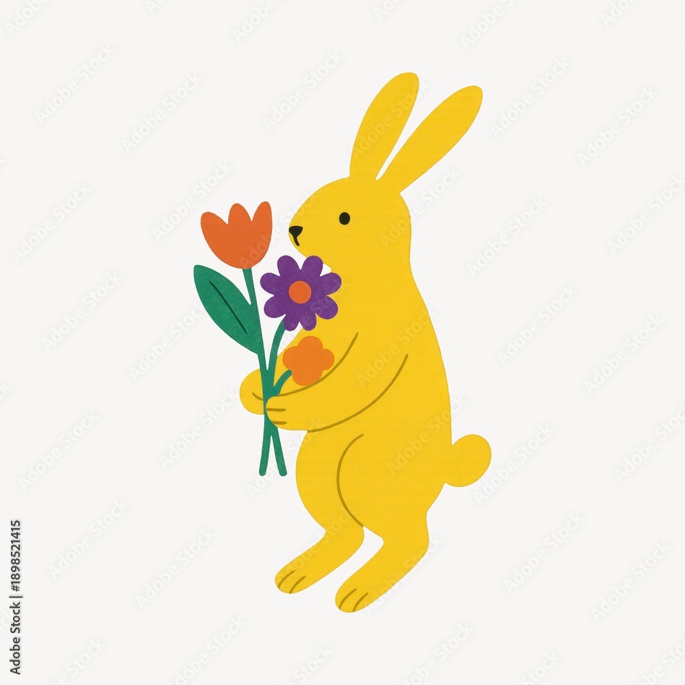 Fototapeta premium Yellow bunny holding colorful flowers.