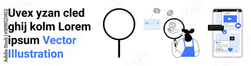 Finance, e-commerce, fraud detection, online security, payment verification, digital wallets. Cartoon character analyzing a payment system. Fraud detection and finance concept