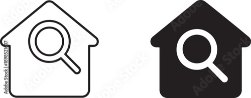 House search icon sign with magnifying glass, black silhouette and outline vector.
