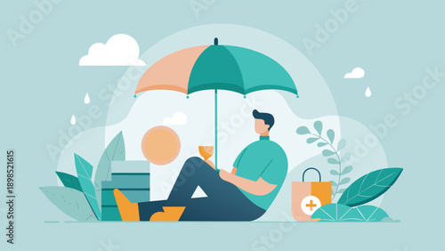 A person enjoys a peaceful moment outdoors under an umbrella, sipping a drink and using a laptop, surrounded by lush greenery on a sunny rainy day