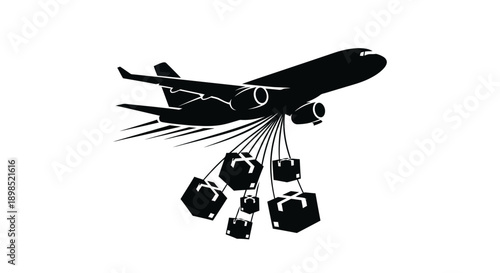 Airplane delivering packages in flight with cargo boxes