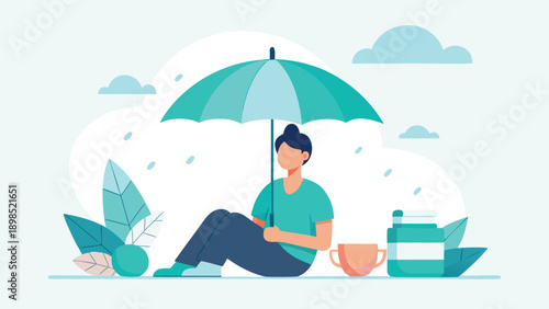 A person enjoys a peaceful moment under an umbrella on a rainy day with a cup of coffee, exuding relaxation and calmness.