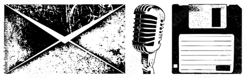 Retro microphone, Scottish saltire flag, vintage floppy disk, halftone, digital nostalgia, tech history, analog, computing relics.