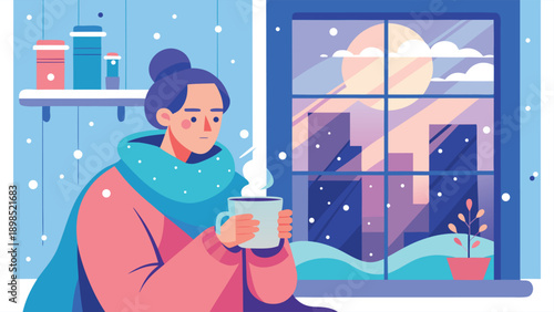 Cozy person enjoying a warm drink on a cold winter day by the window