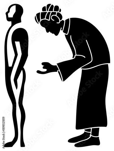 Classical Greek stylized figures, one gesturing, one standing, black silhouette, ancient art, minimalist, historical, vector graphic.