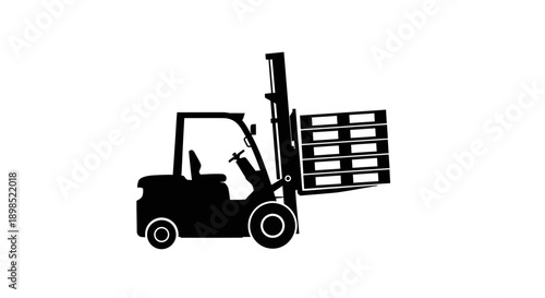 Black silhouette of forklift carrying pallet in industrial setting