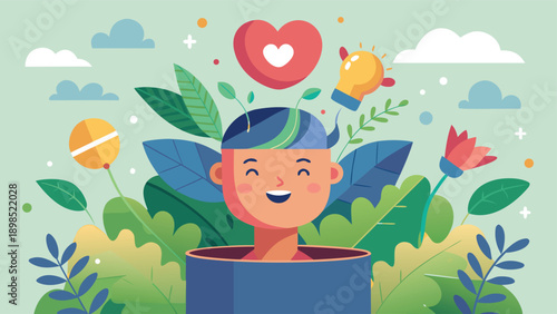 A soft flat vector illustration of a smiling person in a natural setting, conveying happiness and positivity