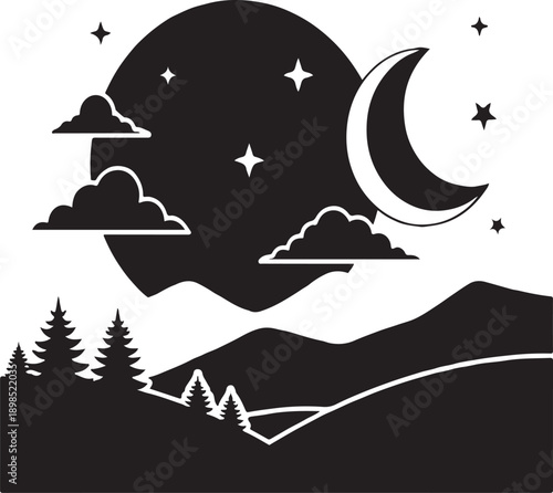A serene landscape with a moonlit sky and silhouetted mountains