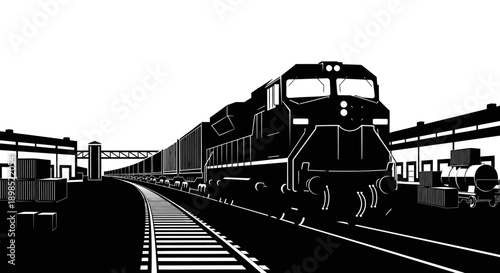 Freight train traveling through industrial rail yard with cargo containers