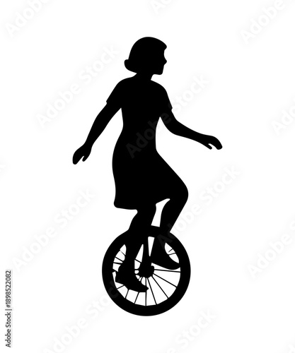Woman silhouette riding a unicycle, portraying balance, skill, and performance