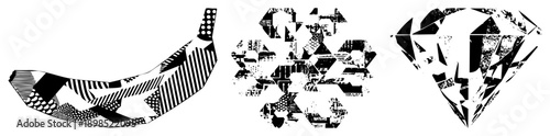 Abstract vector shapes (banana, snowflake, diamond) in bold black/white, halftone, minimalist modern art with high contrast and stylized forms.