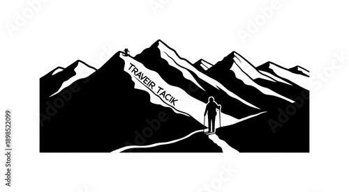 Mountain Climber Silhouette Against Peaks - Minimalist Traveler Illustration
