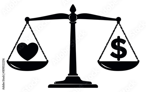 Conceptual graphic illustration of a balance scale depicting a heart and a dollar sign in balance for lifestyle and financial concepts
