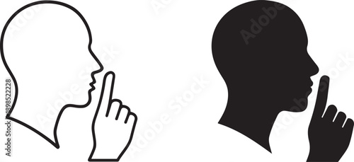 Quiet zone sign with shushing silence icon, black silhouette and outline vector.