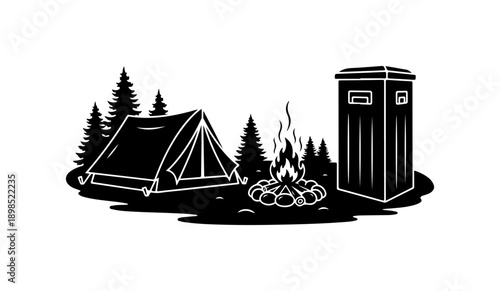 Camping Scene with Tent, Fire Pit, and Portable Toilet in Forest Silhouette