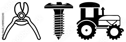 Vector of pliers, screw, and tractor, isolated on transparent background, minimalist design for UI or print.