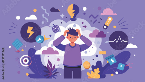 A worried person stands amidst a swirling storm of thoughts and symbols, conveying a sense of anxiety and mental overwhelm.