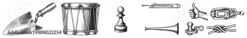 Classic engraved illustrations of gardening trowel, snare drum, chess pawn, trumpet, thumbs up, clasp, and rope knot vector for design or education.