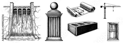 Engineering drawings, brick, crane, column, dam, window construction essentials, architectural sketches, civil engineering tools, building components, structural design.