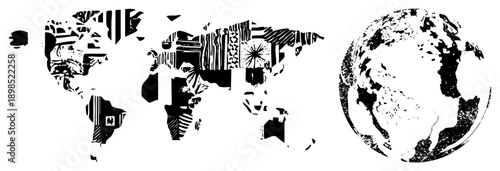 World map composed of diverse cultural motifs, stylized continents, globe, black and white vector art, global design, cultural representation.