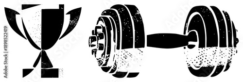 Award cup and weightlifting barbell, achievement symbols, gym equipment, sports victory, fitness motivation, black and white vector graphics.