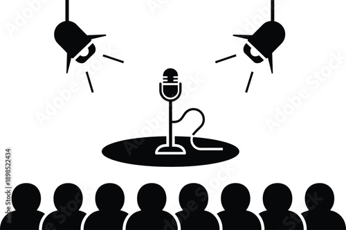Standup comedy spotlight, round stage central microphone stand with laughing audience. 