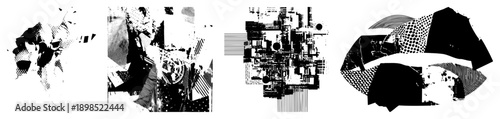 Fragmented black and white vector art using halftone, stripes, and geometric shapes, abstract composition, graphic design elements, digital art piece.