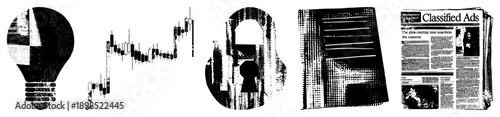 Lightbulb, candlestick chart, padlock, newspaper classifieds halftone vector representing ideas, trading, protection, and information. Flat design with grainy texture.