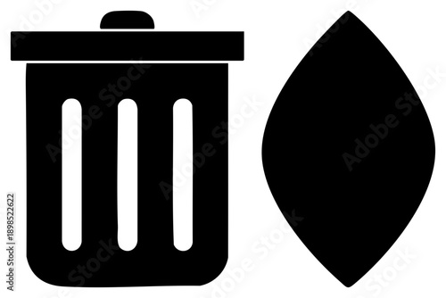 Black silhouette trash bin with slats and lid, paired with teardrop shaped water droplet, flat vector graphics for UI or signage.