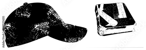 Retro style baseball cap and book rendered in halftone, graphic design, vector art, isolated objects, black and white, textured print, classic illustration.