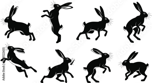 Black silhouette hares in various dynamic poses on white background rabbit