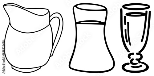 Simple art of beverage vessels, including a handled pitcher, a bulbous carafe, and a stemmed flute, minimalist vector illustration.