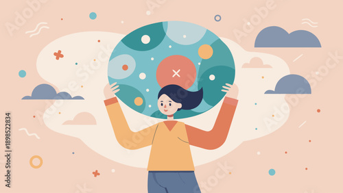 A soft vector illustration of a person holding a colorful circular object, creating a whimsical and imaginative scene.
