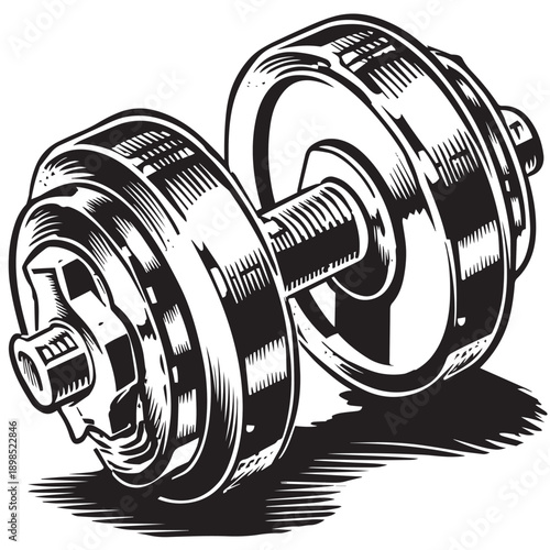 Retro-inspired, high-contrast, black and white line art of a heavy steel dumbbell, showcasing intricate details and dramatic shading for a vintage fitness aesthetic
