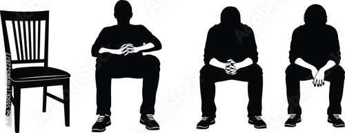 Black and White Vector Silhouette Illustration of Men Sitting in Various Poses Next to an Empty Wooden Chair for Mental Health and Depression Concepts