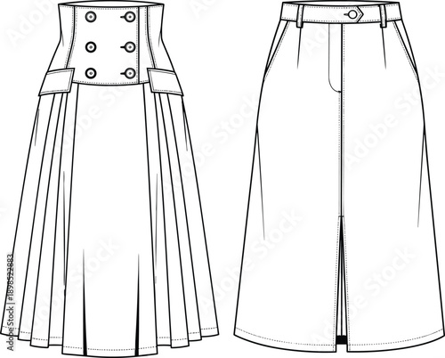 Front and back view high waist midi skirt mockup with pleated panels, button details and belt loops, isolated on white background fashion vector illustration