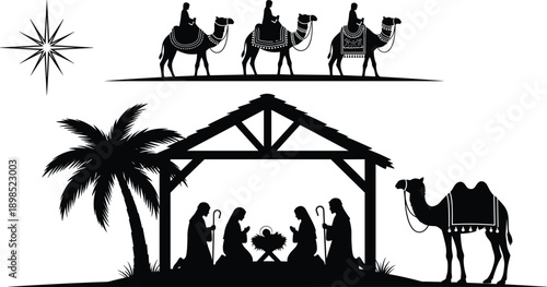 Black and White Christmas Nativity Scene Vector Silhouette Featuring Manger Stable Baby Jesus Mary Joseph Three Wise Men on Camels and Bethlehem Star
