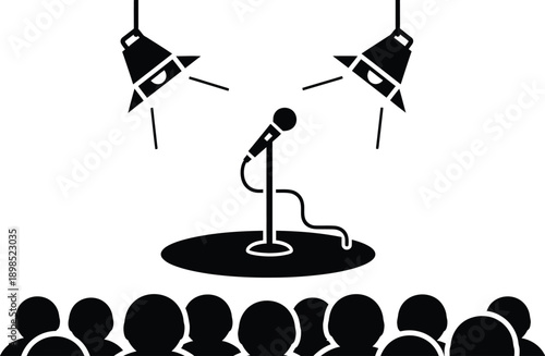 Standup comedy spotlight, round stage central microphone stand with laughing audience. 