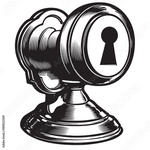 Vintage brass doorknob with ornate filigree, featuring a classic keyhole emblem, rendered in bold black and white woodcut-style engraving