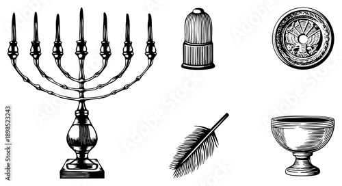 Set of sacred Jewish artifacts including menorah, quill pen, seal medallion, and, rendered in classic engraved art style for religious or historical design projects.