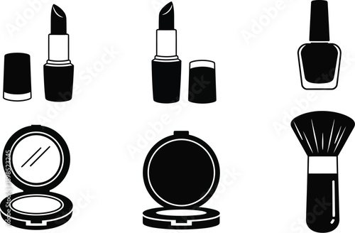 Beauty and makeup products. Lipstick, nail polish, mascara, perfume, face powder compact, and makeup brushes. 